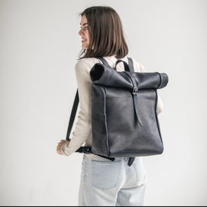 Genuine Leather Roll Top Backpack